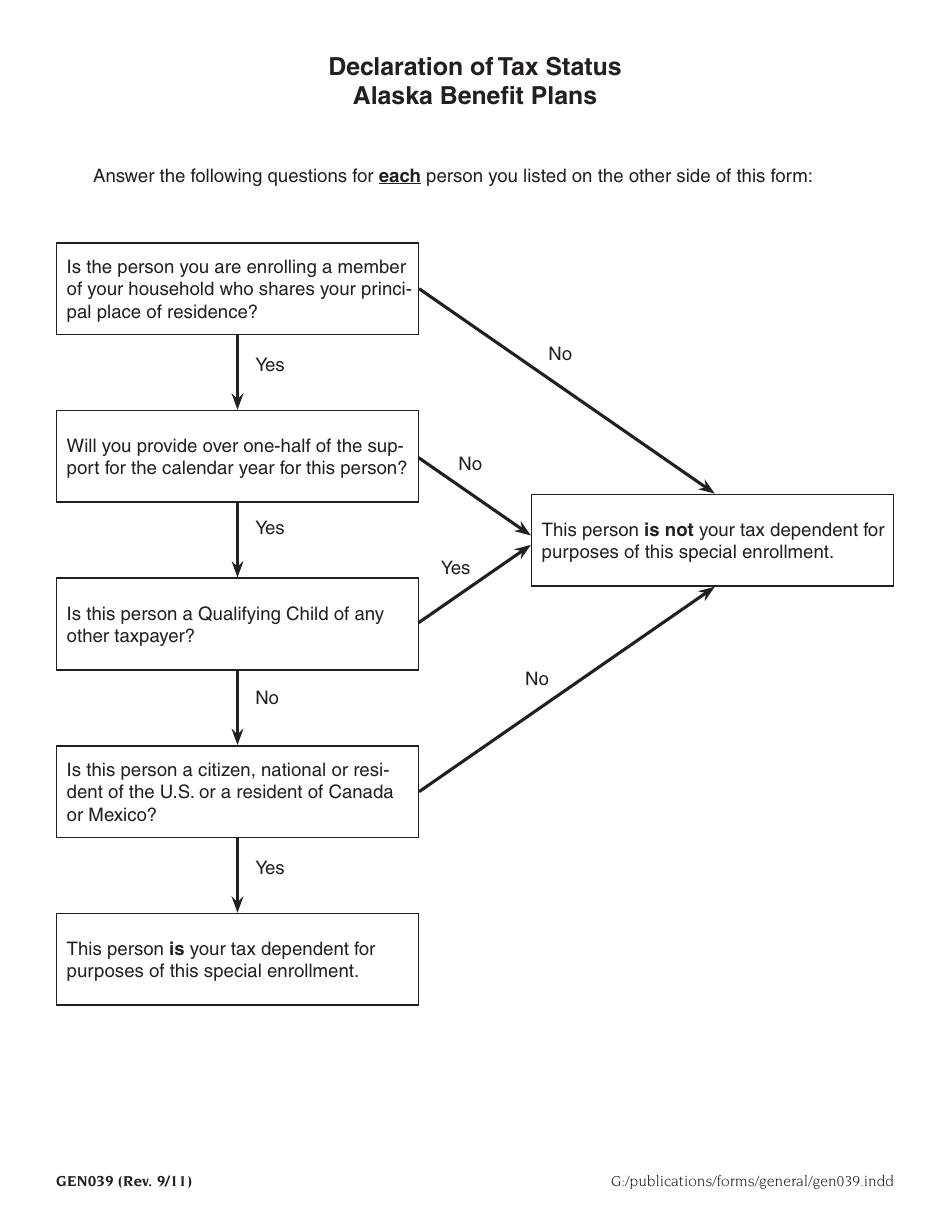 Form GEN039 Declaration of Tax Status - Alaska Retirement Benefits - Alaska, Page 2
