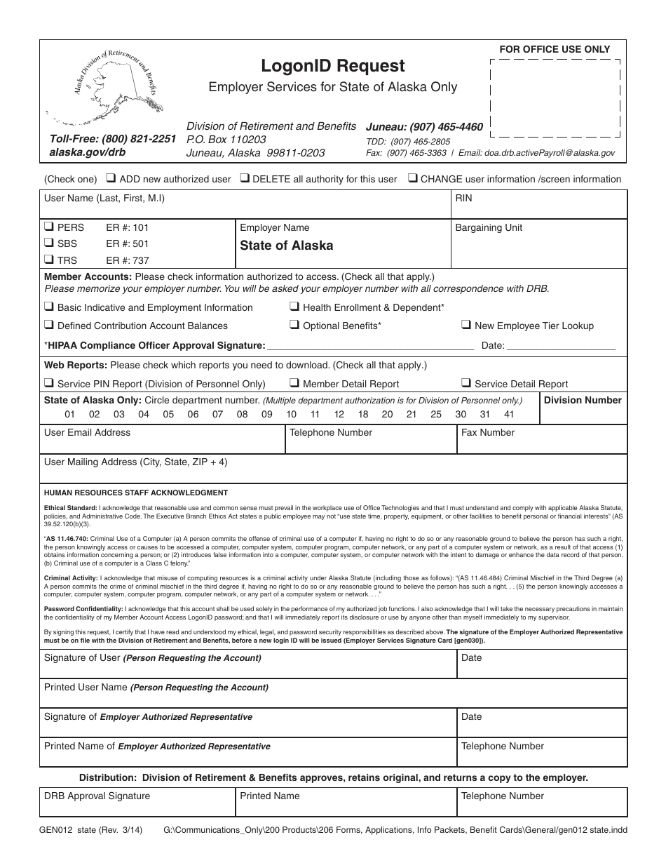 Form GEN012 STATE Logonid Request - Employer Services for State of Alaska Only - Alaska, Page 1