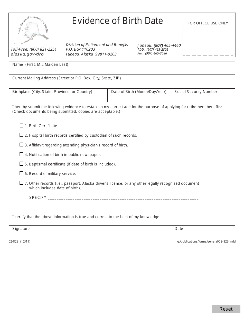 Form 02-823 Evidence of Birth Date - Alaska, Page 1