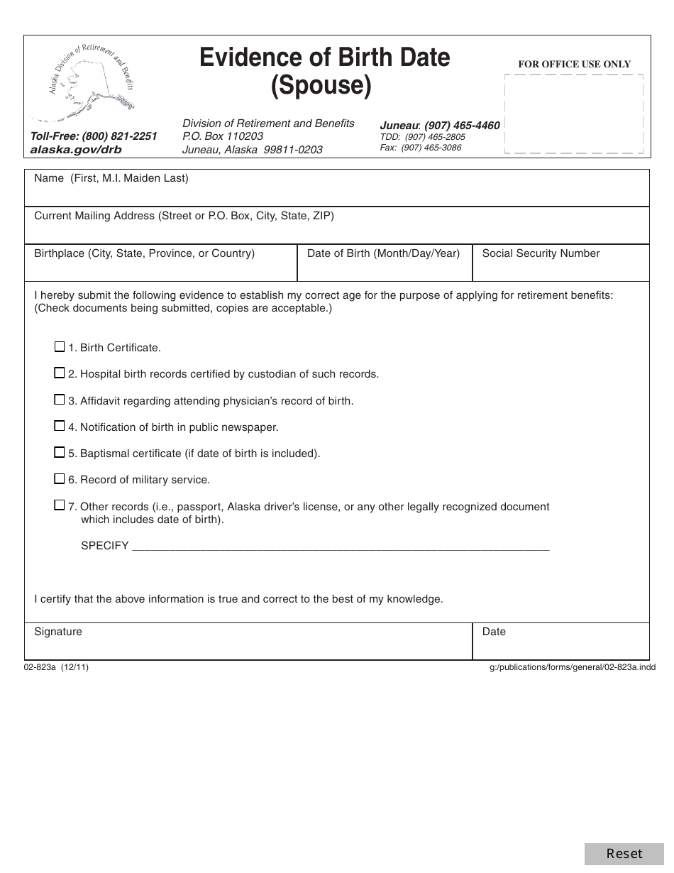 Form 02-823A Evidence of Birth Date (Spouse) - Alaska, Page 1