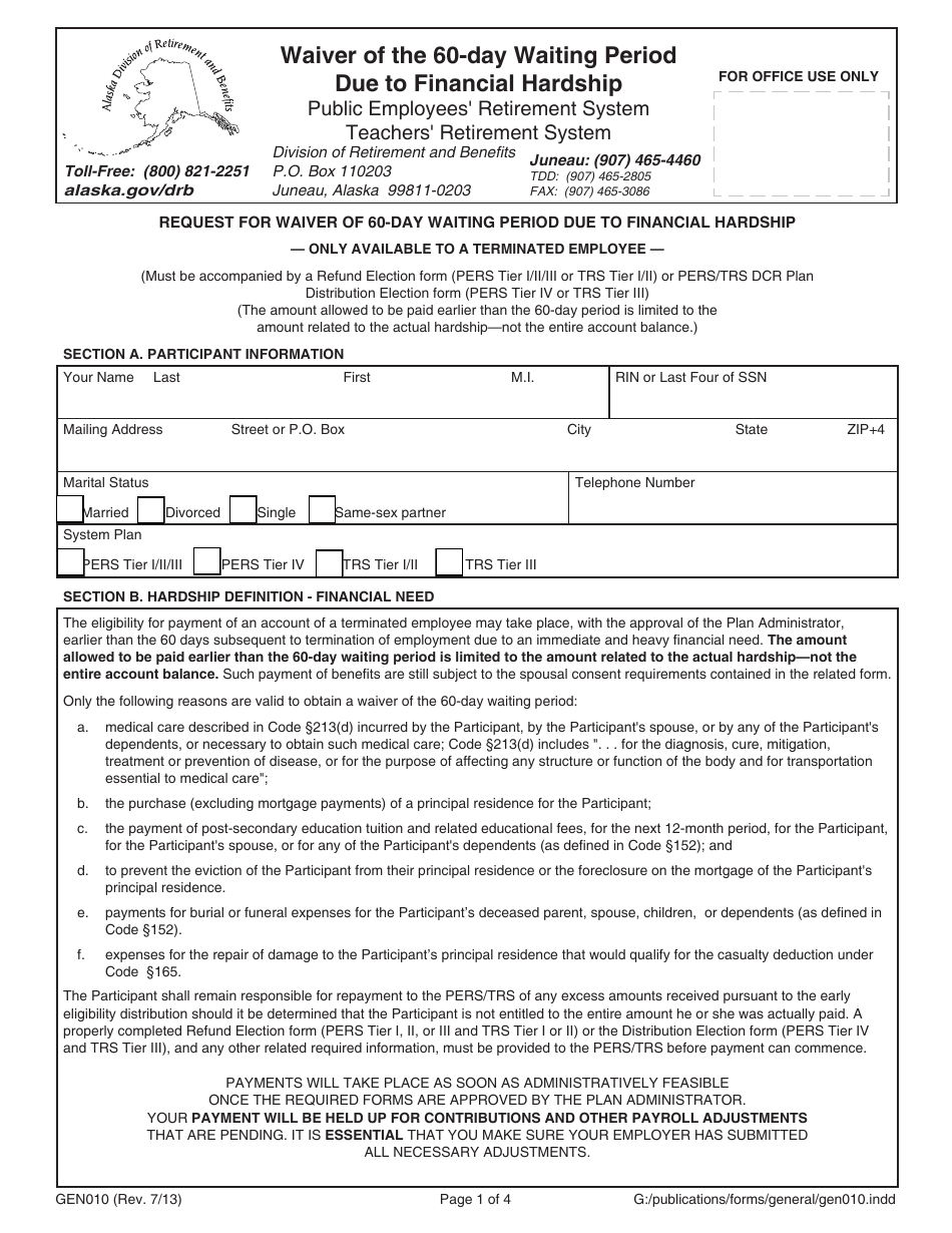 Form GEN010 Waiver of the 60-day Waiting Period Due to Financial Hardship - Alaska, Page 1
