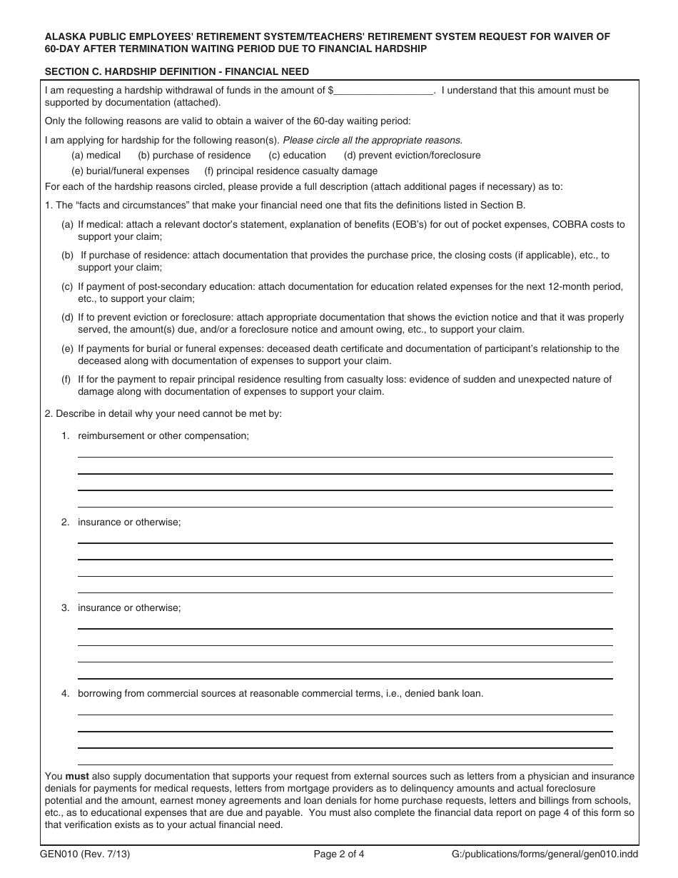 Form GEN010 Waiver of the 60-day Waiting Period Due to Financial Hardship - Alaska, Page 2