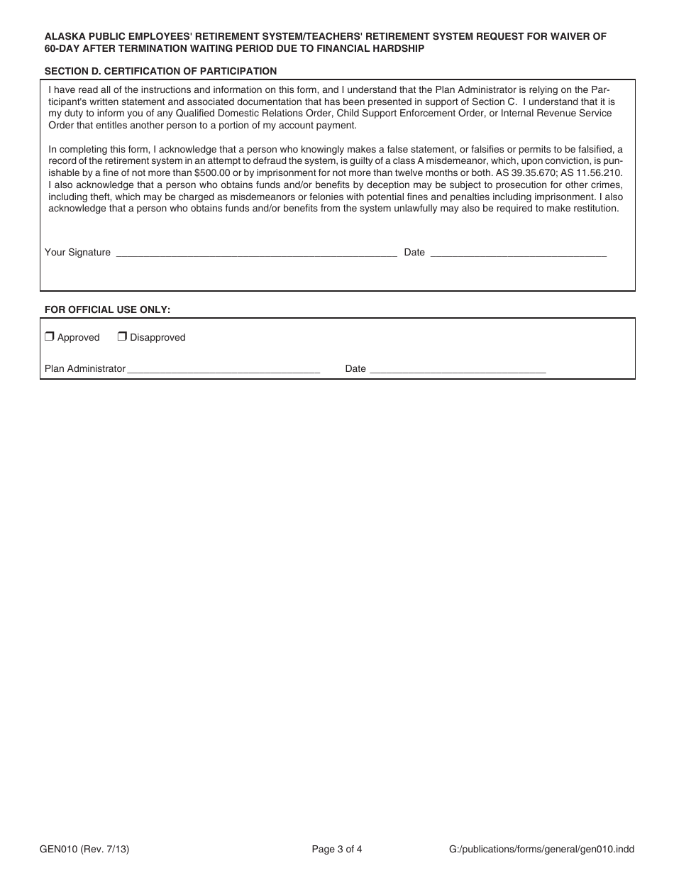 Form GEN010 Waiver of the 60-day Waiting Period Due to Financial Hardship - Alaska, Page 3