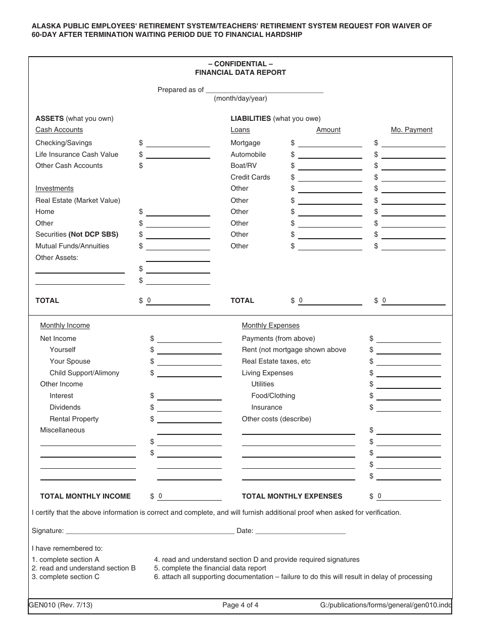 Form GEN010 Waiver of the 60-day Waiting Period Due to Financial Hardship - Alaska, Page 4
