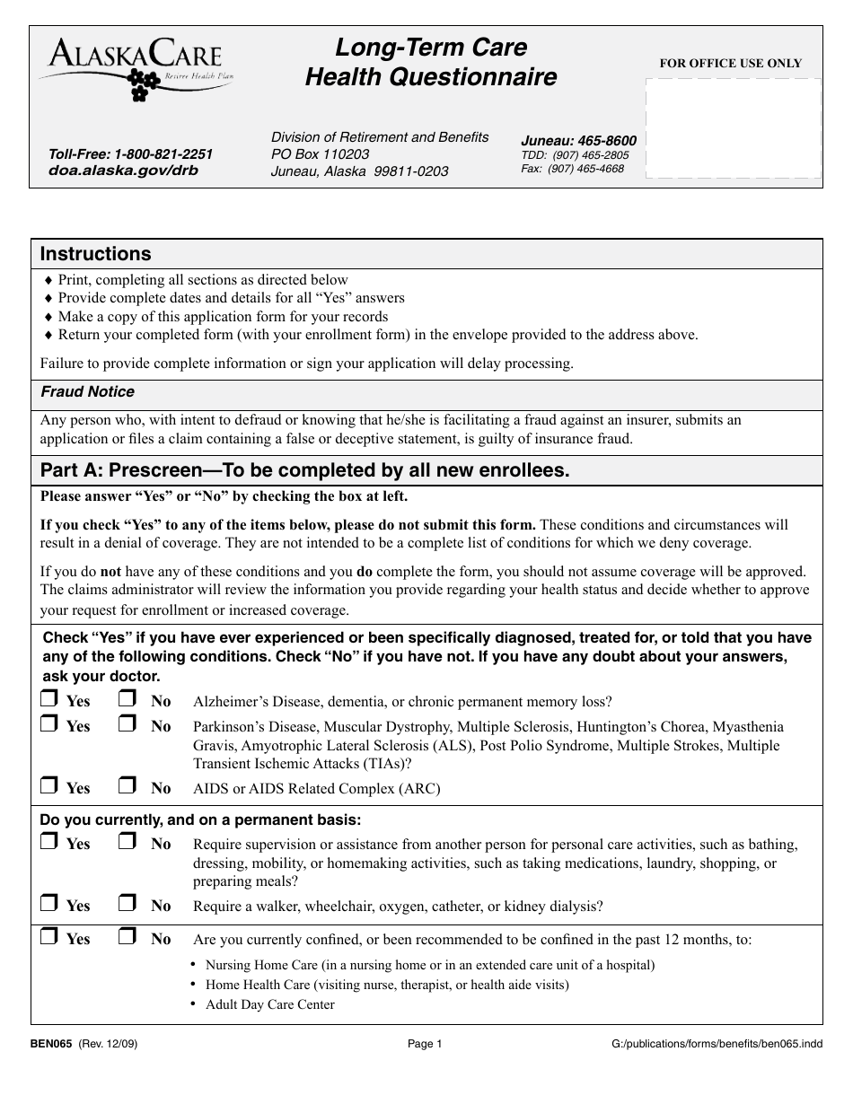 Form BEN065 - Fill Out, Sign Online and Download Printable PDF, Alaska ...