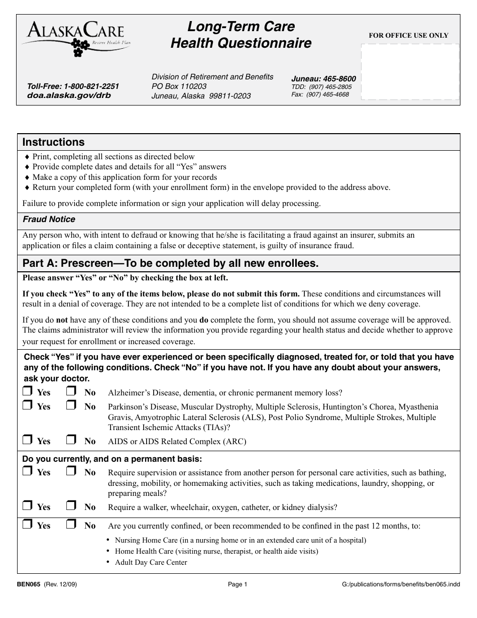 Form BEN065 Long-Term Care Health Quesionnaire - Alaska, Page 1