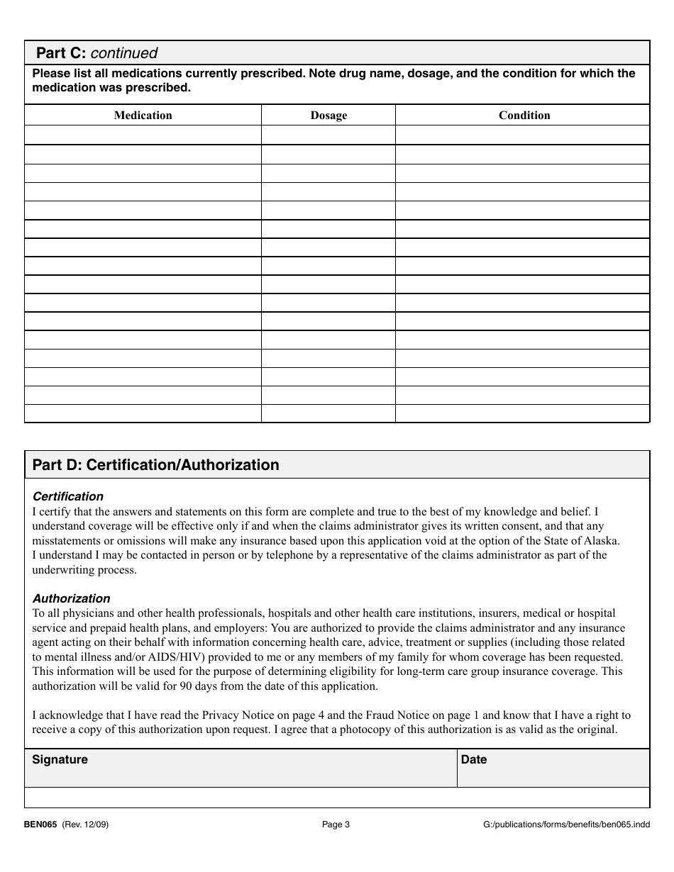 Form BEN065 Long-Term Care Health Quesionnaire - Alaska, Page 3