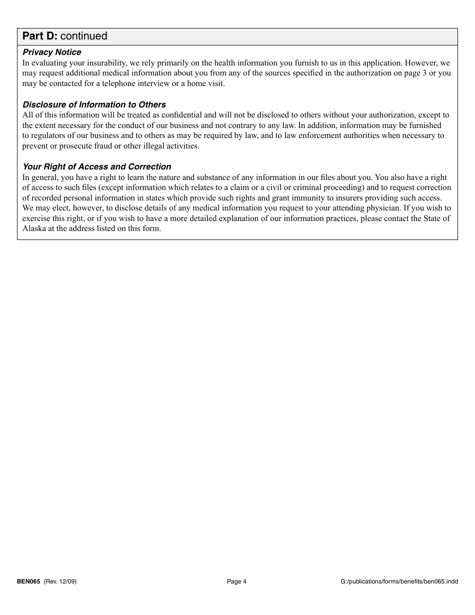 Form BEN065 Long-Term Care Health Quesionnaire - Alaska, Page 4