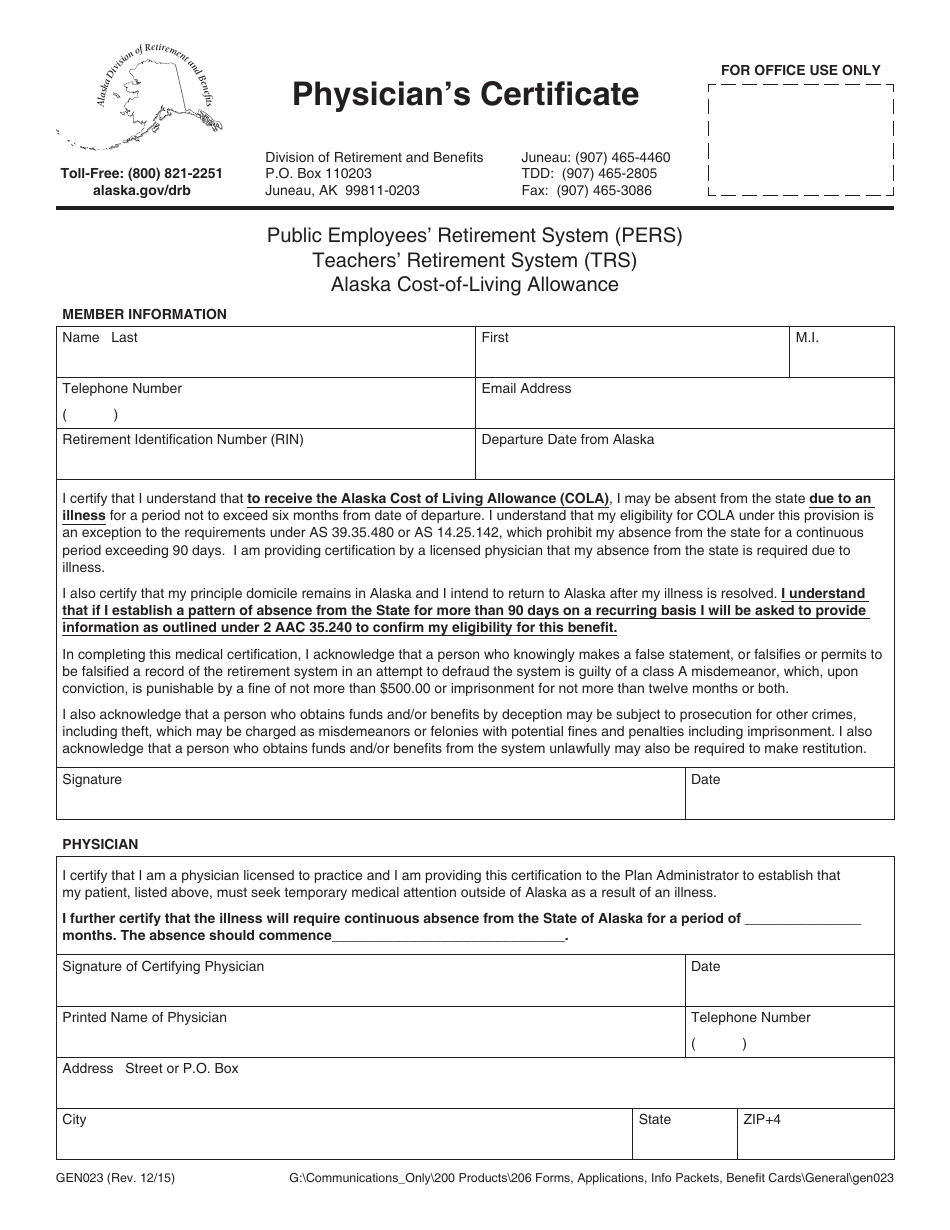 Form GEN023 Physicians Certificate - Alaska, Page 1