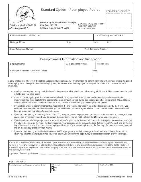 Form PERS018 Standard Option " Reemployed Retiree - Alaska