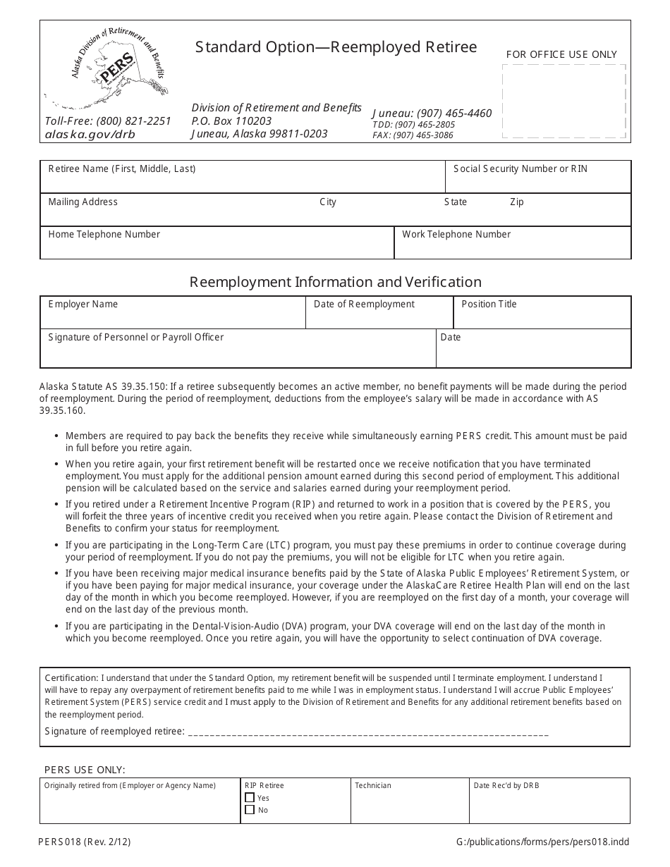 Form PERS018 Standard Option  Reemployed Retiree - Alaska, Page 1