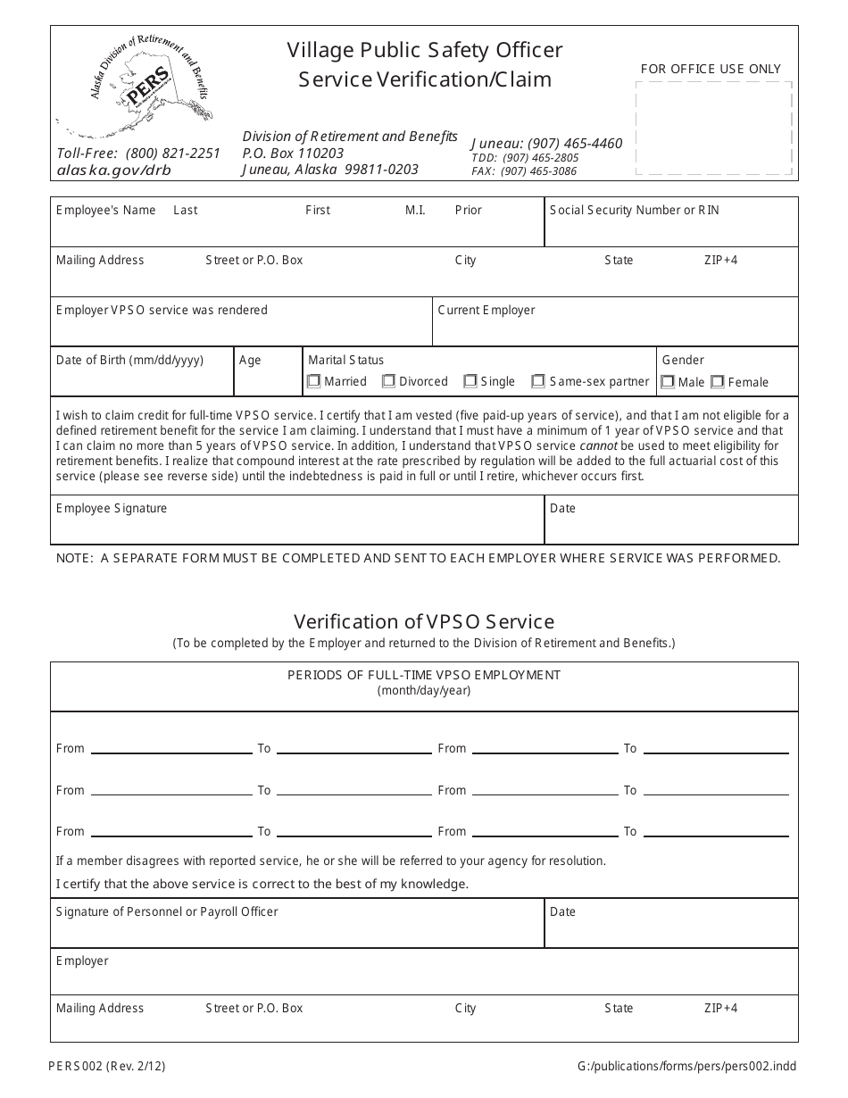 Form PERS002 Village Public Safety Officer Service Verification / Claim - Alaska, Page 1