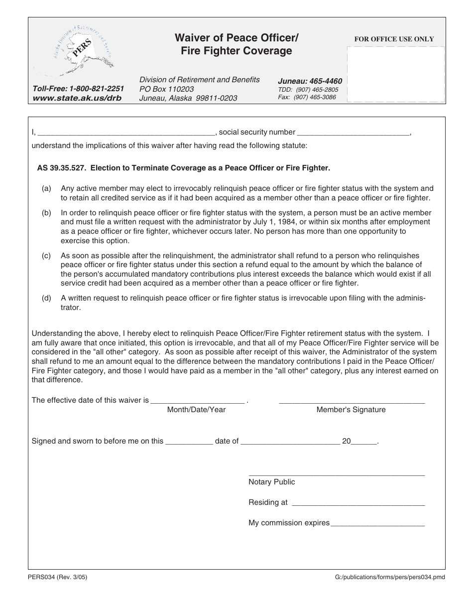 Form PERS034 Waiver of Peace Officer / Fire Fighter Coverage - Alaska, Page 1