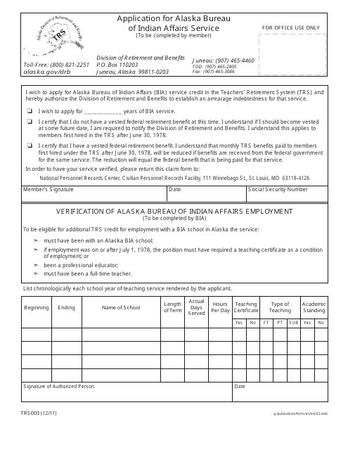 Form TRS003 Application for Alaska Bureau of Indian Affairs Service - Alaska