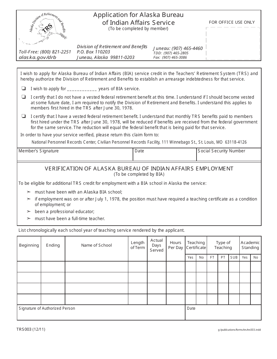 Form TRS003 Application for Alaska Bureau of Indian Affairs Service - Alaska, Page 1