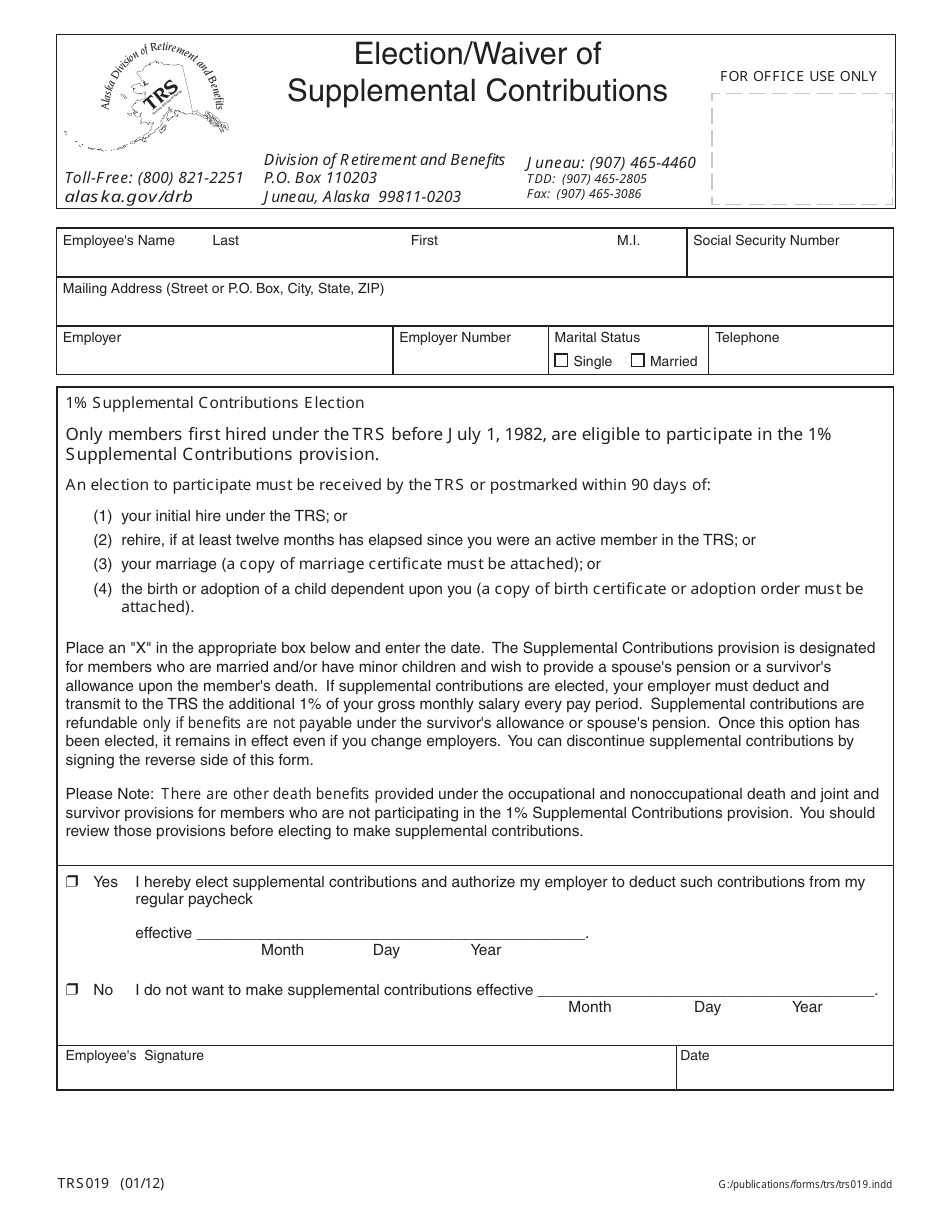 Form TRS019 Election / Waiver of Supplemental Contributions - Alaska, Page 1