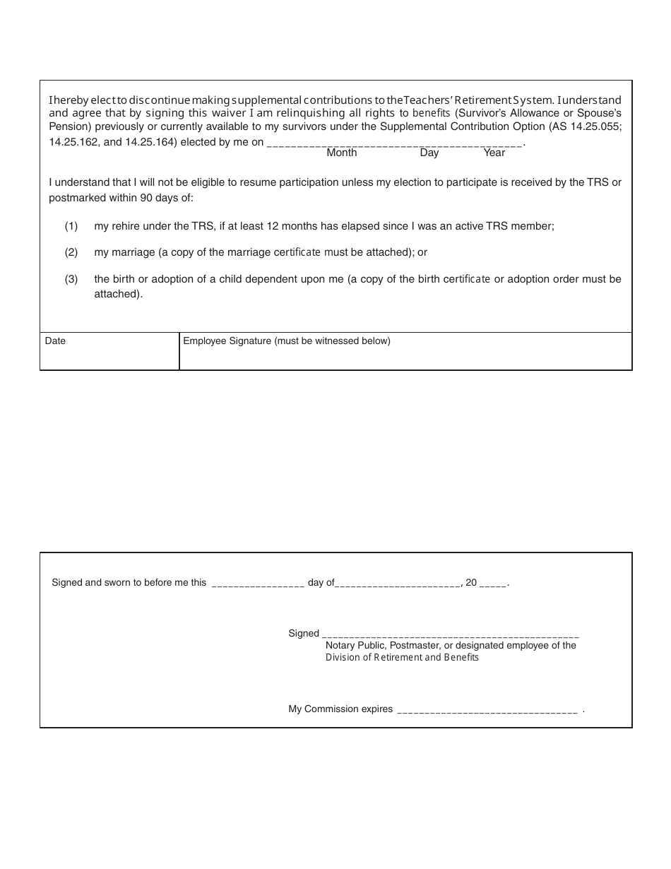 Form TRS019 Election / Waiver of Supplemental Contributions - Alaska, Page 2