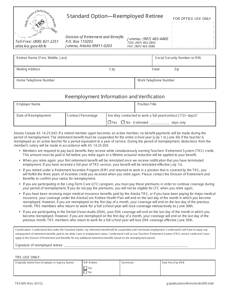 Form TRS009 Standard Option - Reemployed Retiree - Alaska, Page 1