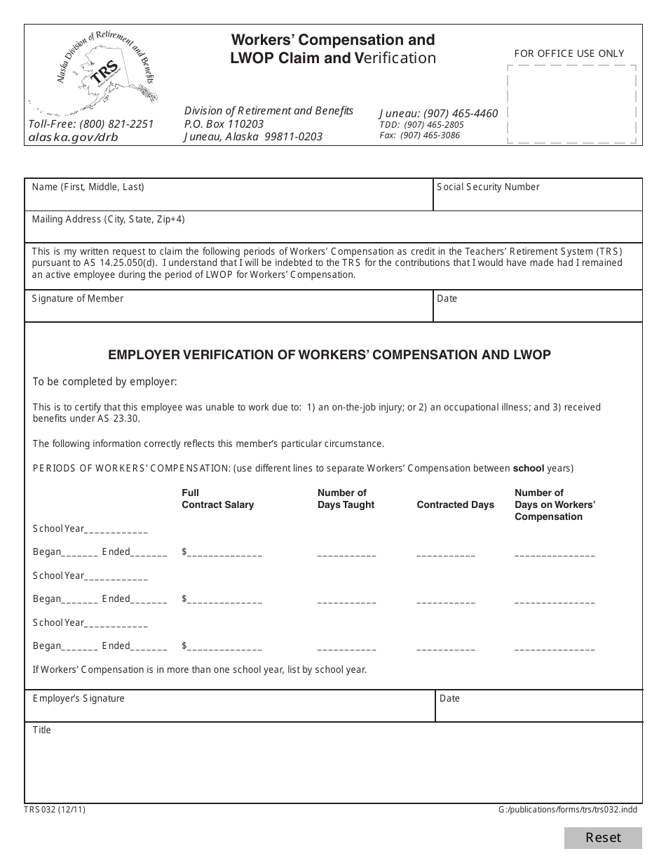 Form TRS032 Workers Compensation and Lwop Claim and Verification - Alaska, Page 1