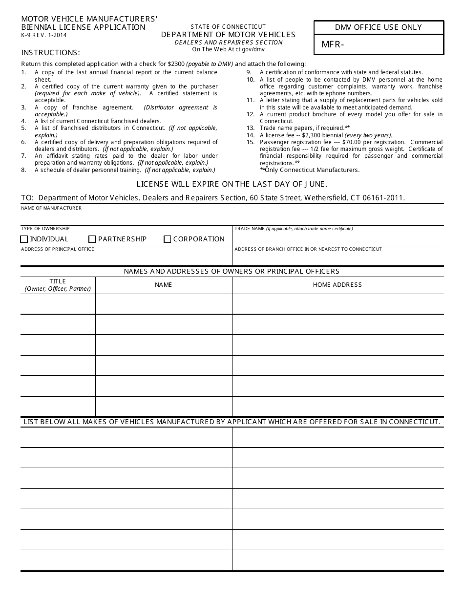 Form K-9 Motor Vehicle Manufacturers Biennial License Application - Connecticut, Page 1