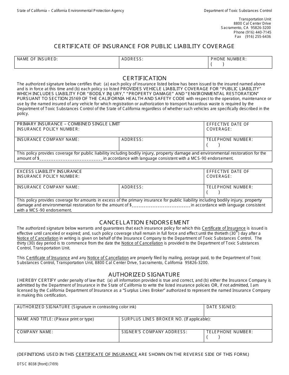 DTSC Form 8038 Certificate of Insurance for Public Liability Coverage - California, Page 1