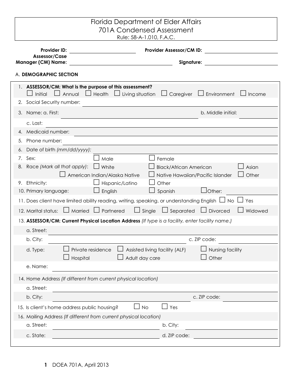 Form 701A Condensed Assessment - Florida, Page 1