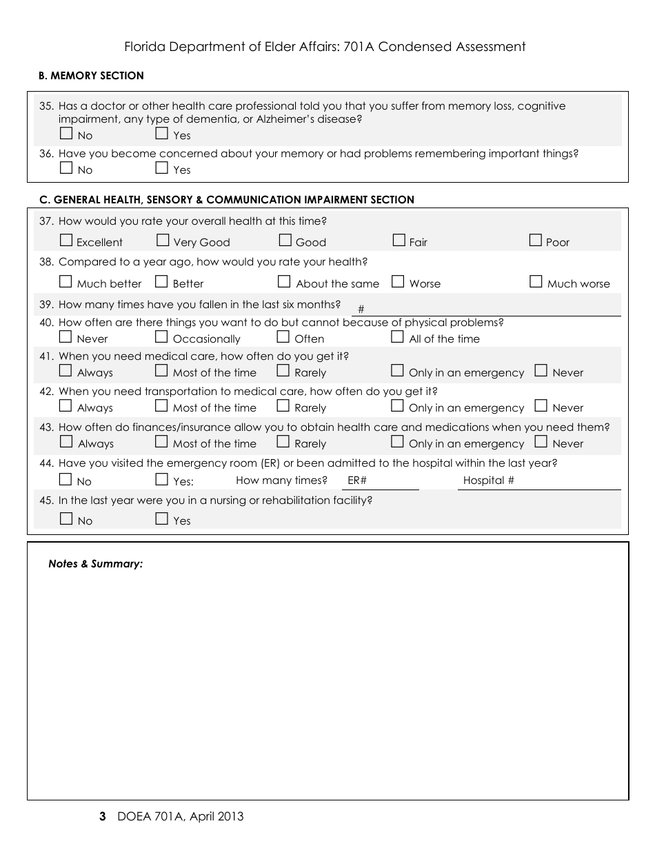 Form 701A Condensed Assessment - Florida, Page 3