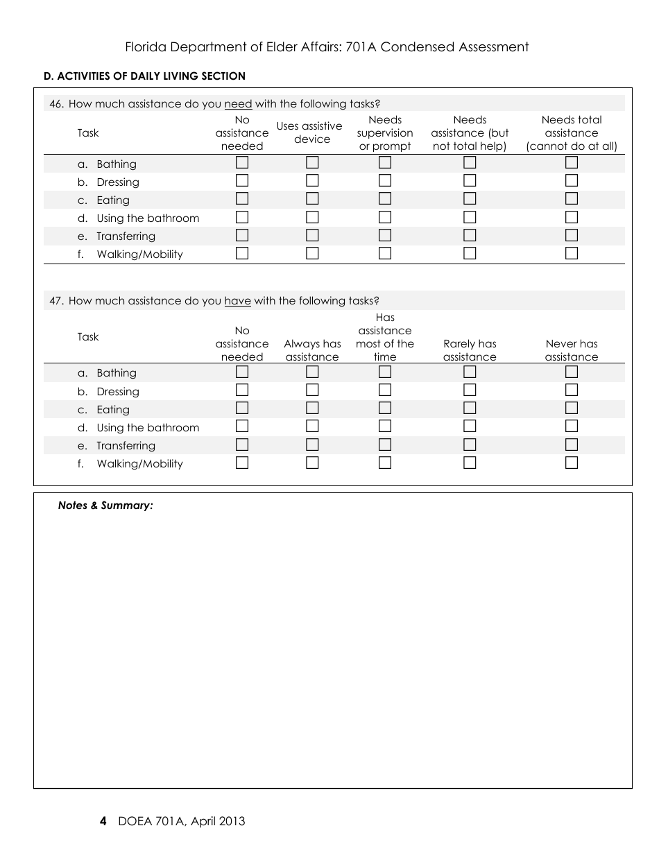 Form 701A Condensed Assessment - Florida, Page 4