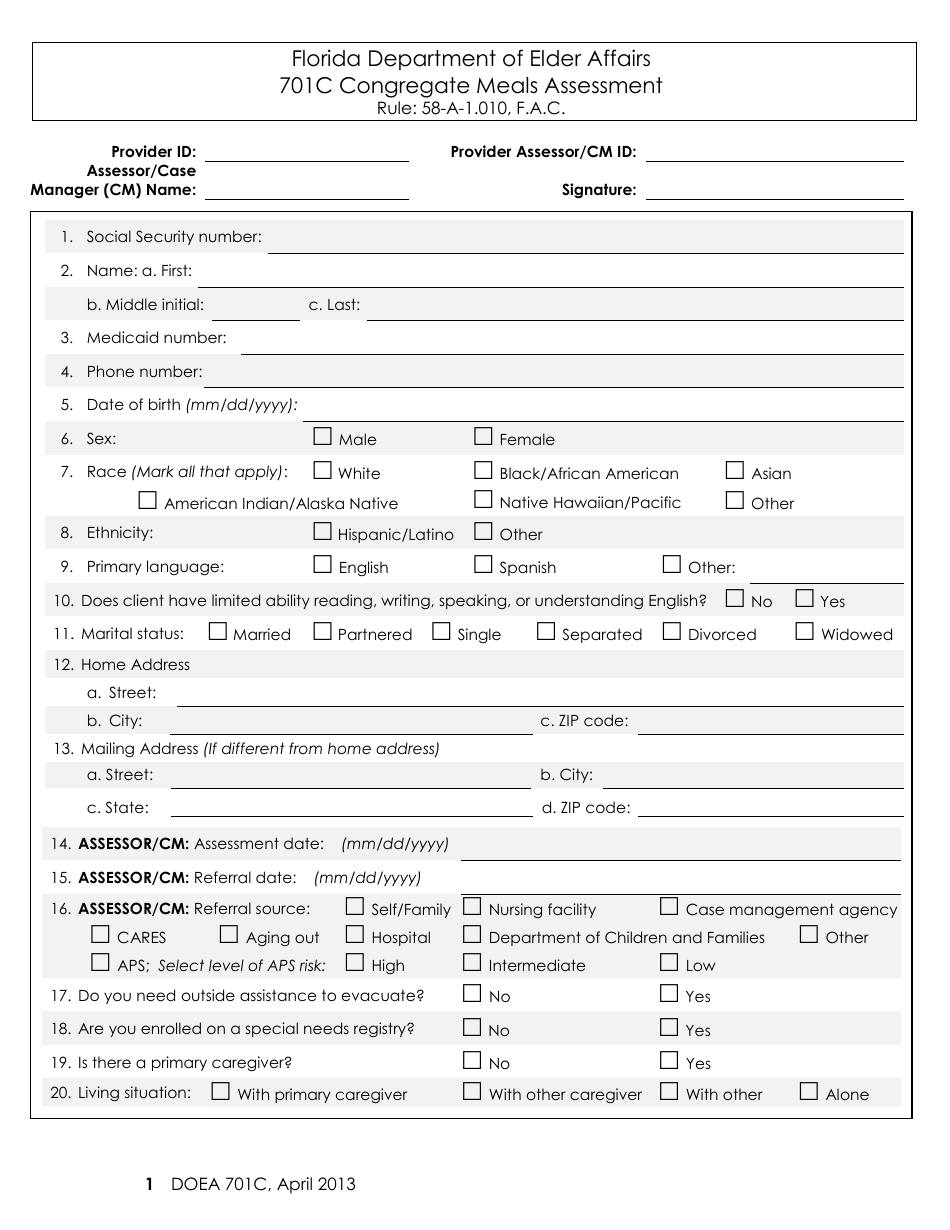 Form 701C Congregate Meals Assessment - Florida, Page 1