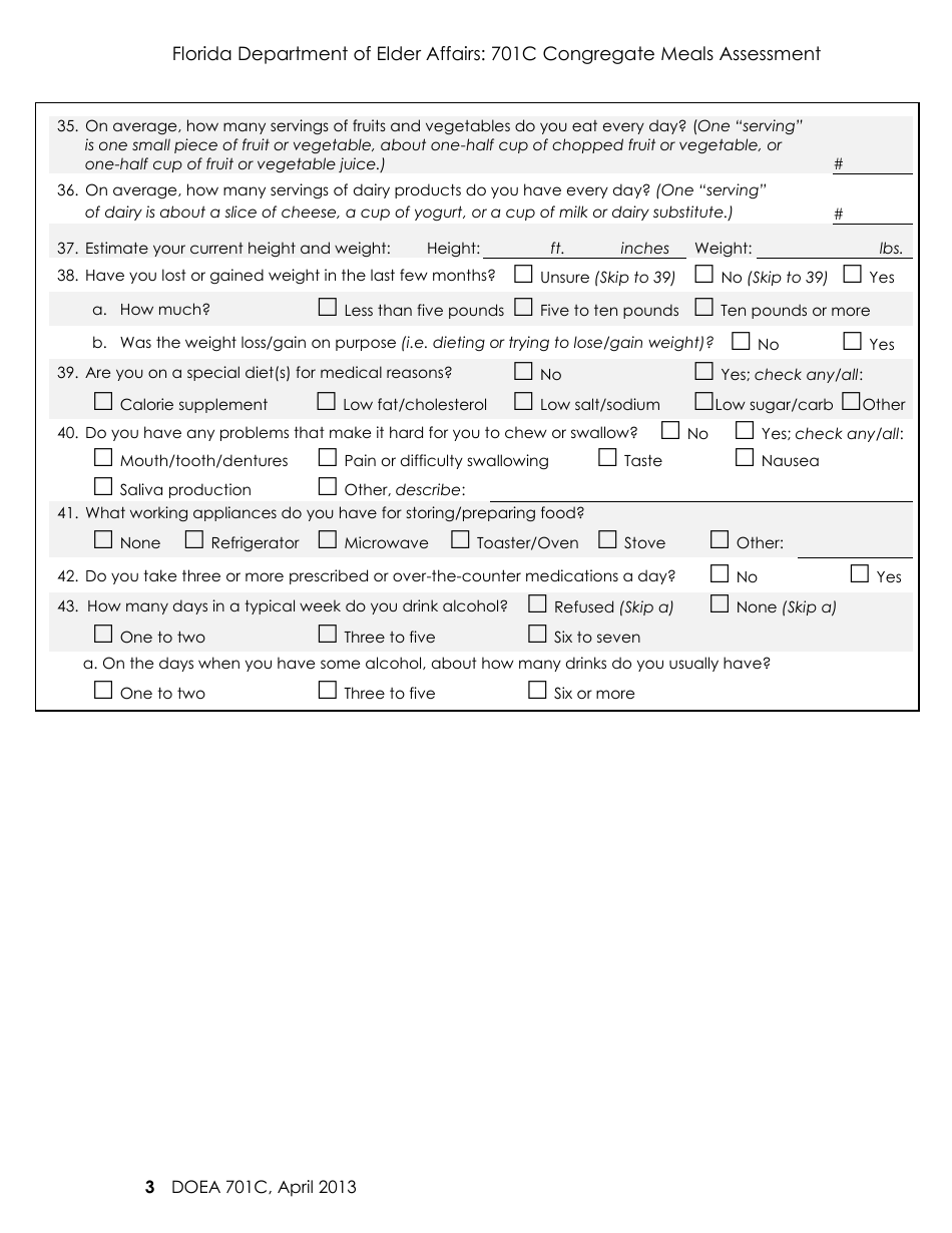 Form 701C Congregate Meals Assessment - Florida, Page 3