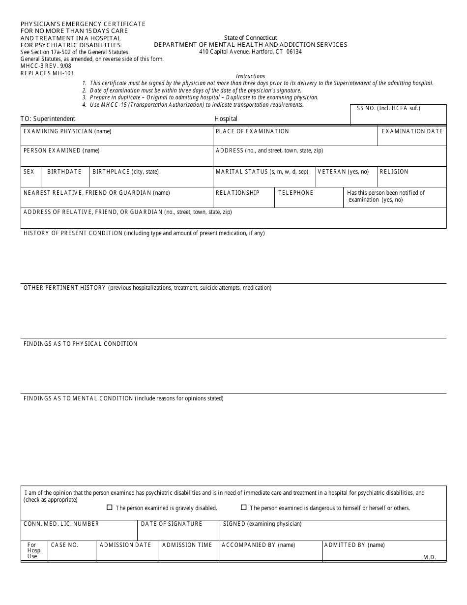 Form MHCC-3 Physicians Emergency Certificate for No More Than 15 Days Care and Treatment in a Hospital for Psychiatric Disabilities - Connecticut, Page 1