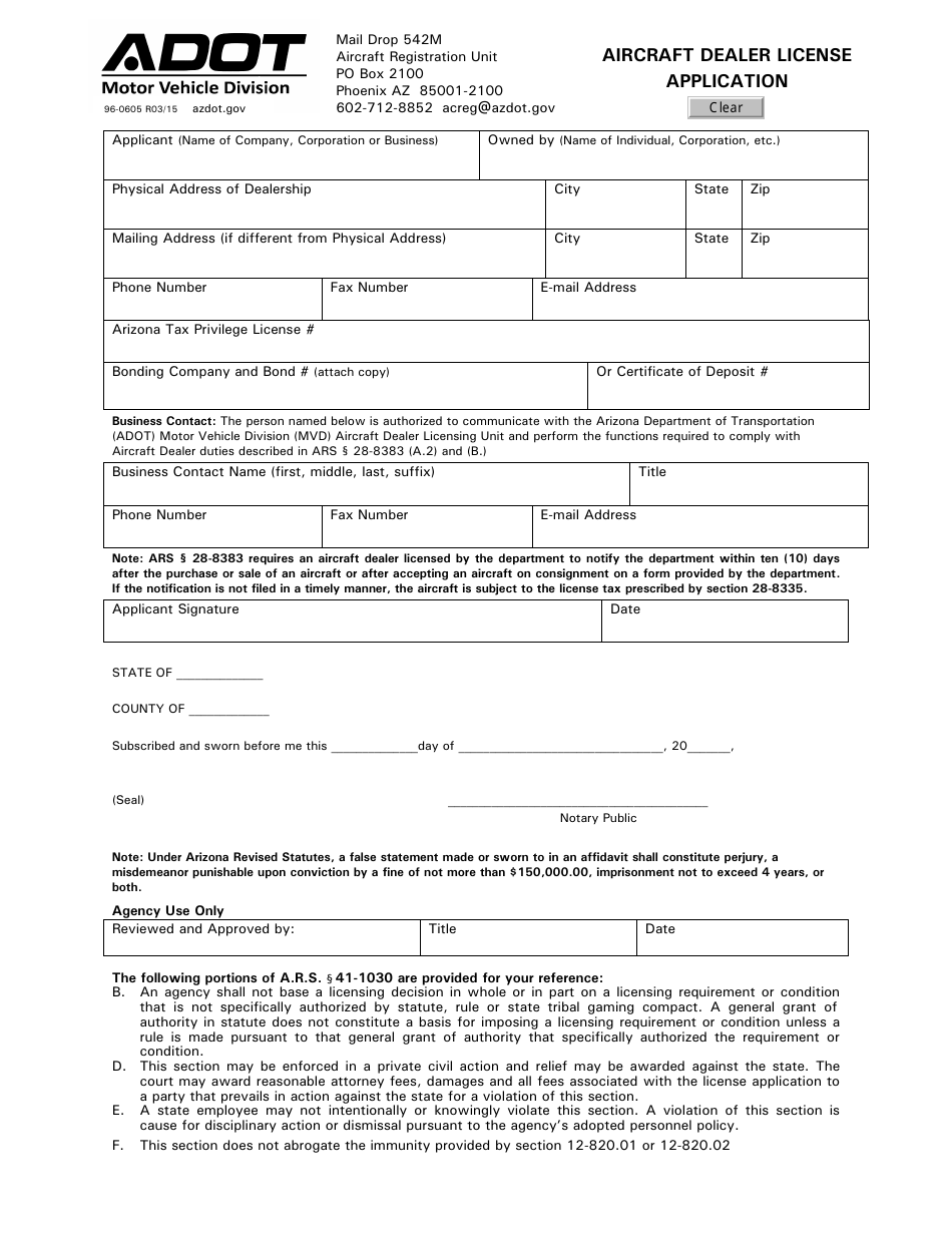 Form 96-0605 Aircraft Dealer License Application - Arizona, Page 1