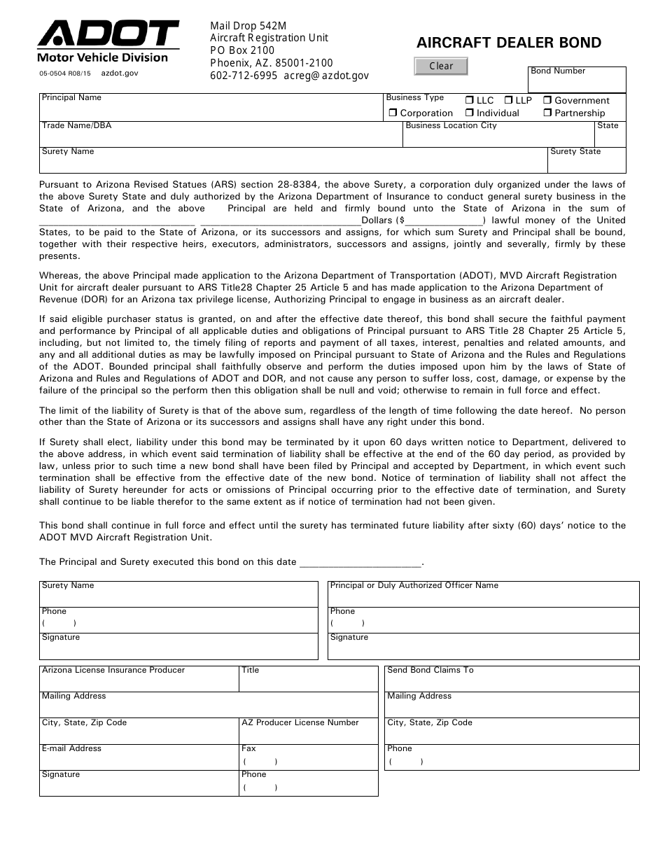 Form 05-0504 Aircraft Dealer Bond - Arizona, Page 1