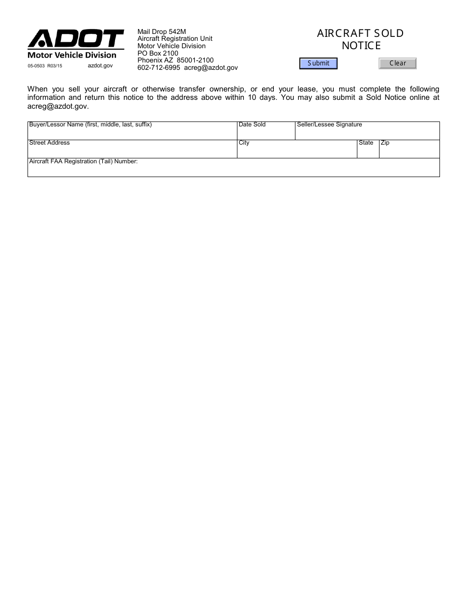 Form 05-0503 Aircraft Sold Notice - Arizona, Page 1