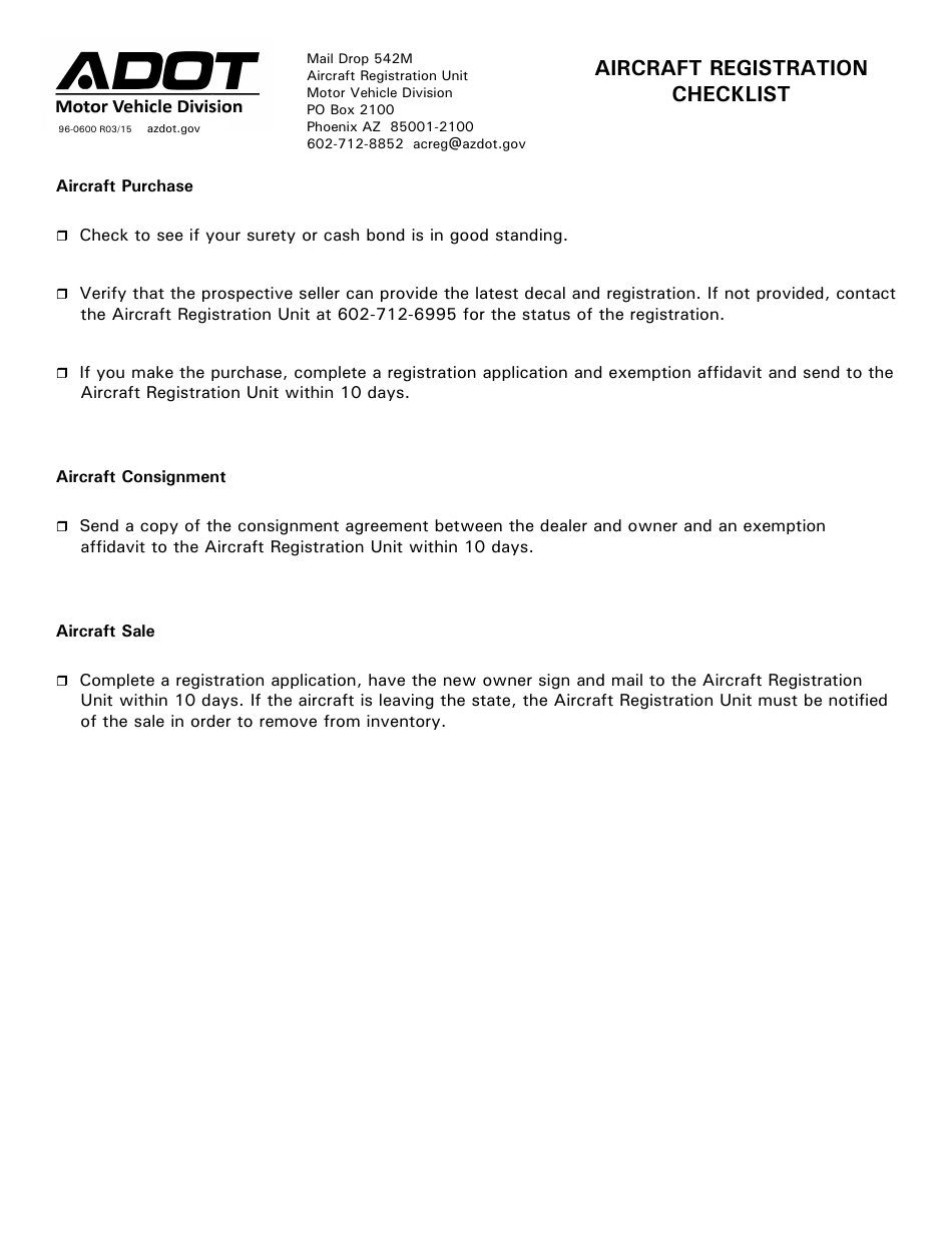 Form 96-0600 Aircraft Registration Checklist - Arizona, Page 1
