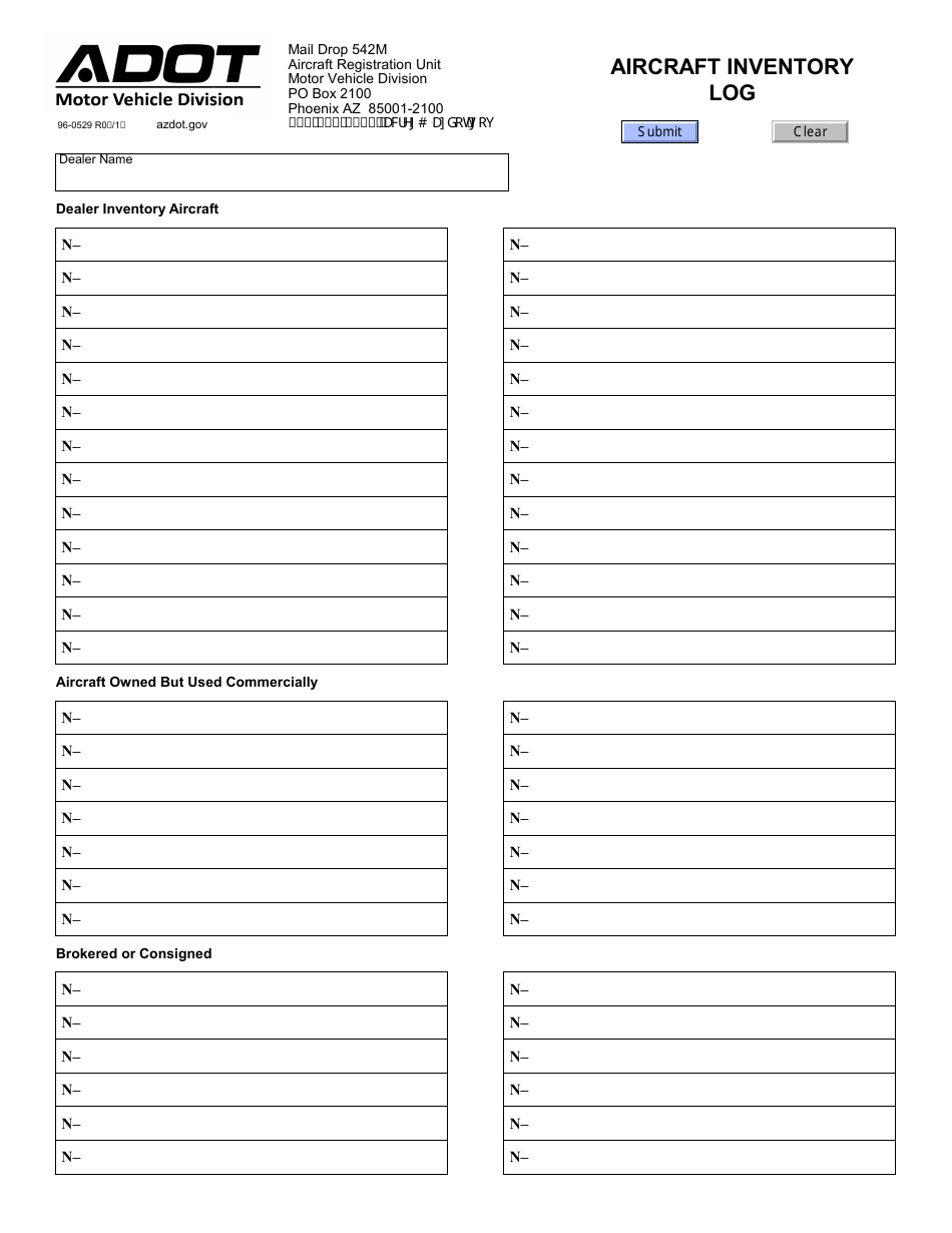Form 96-0529 Aircraft Inventory Log - Arizona, Page 1