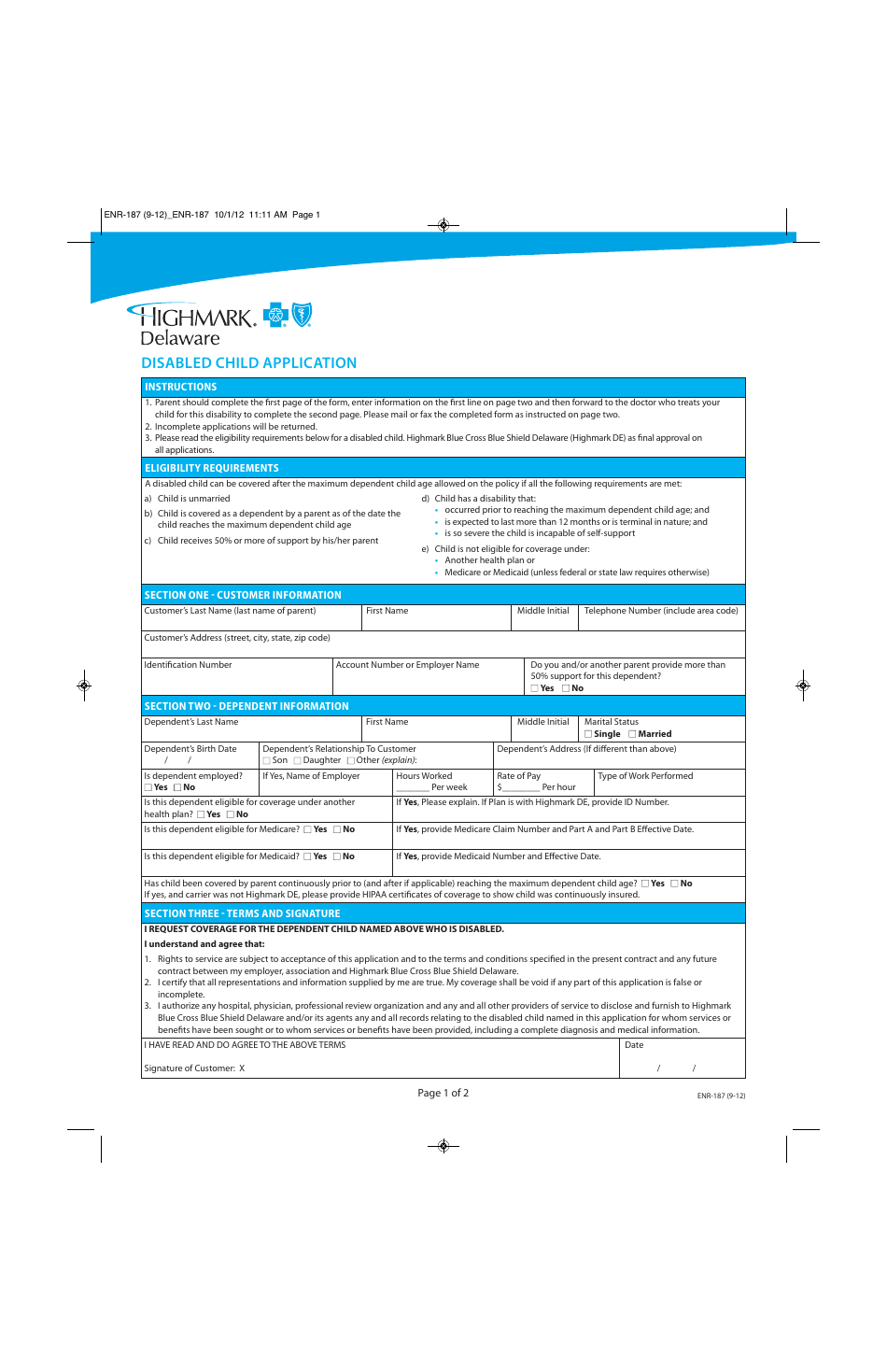 Form ENR-187 Disabled Child Application - Highmark Blue Cross Blue Shield - Delaware, Page 1