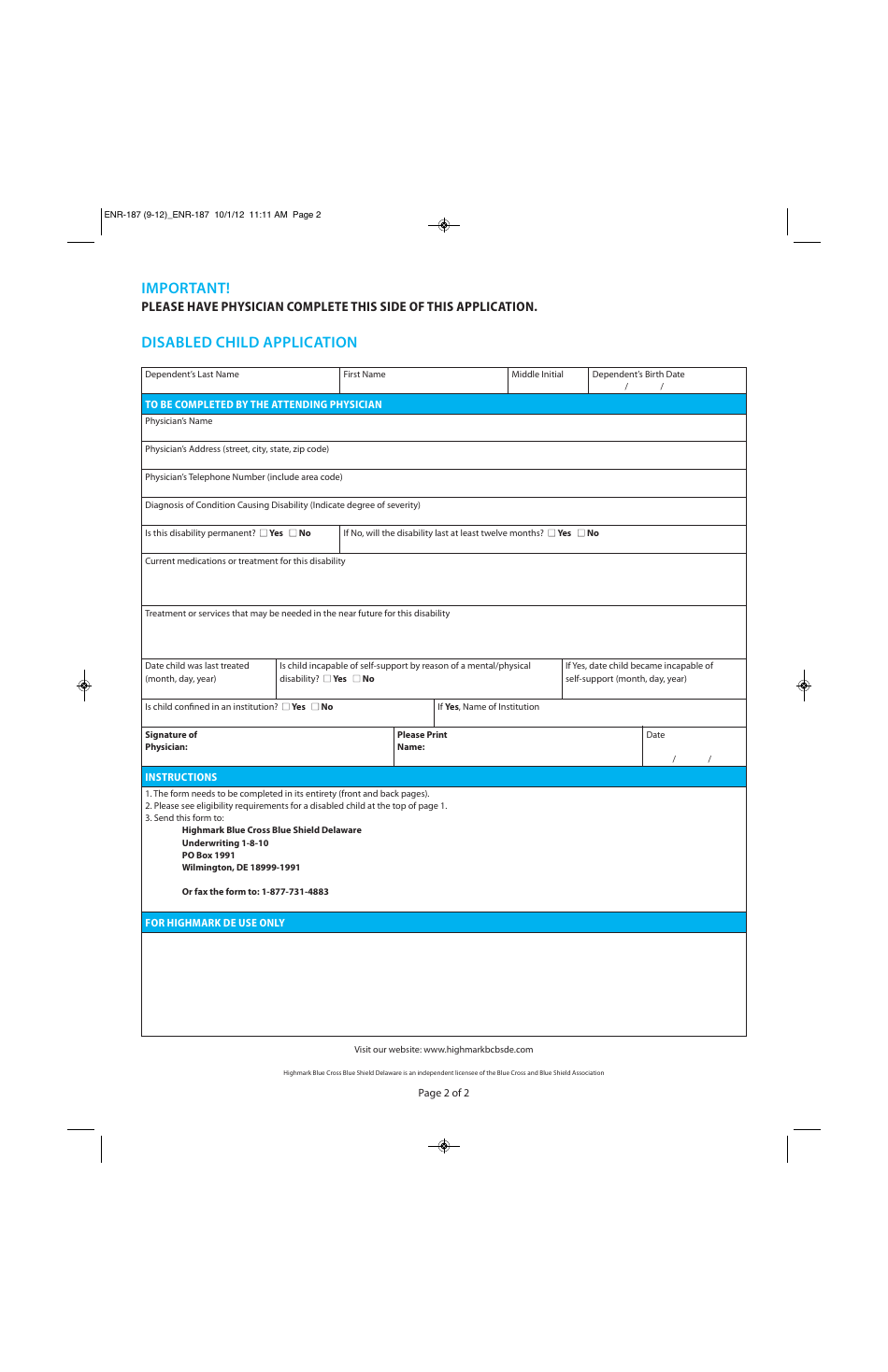 Form ENR-187 Disabled Child Application - Highmark Blue Cross Blue Shield - Delaware, Page 2