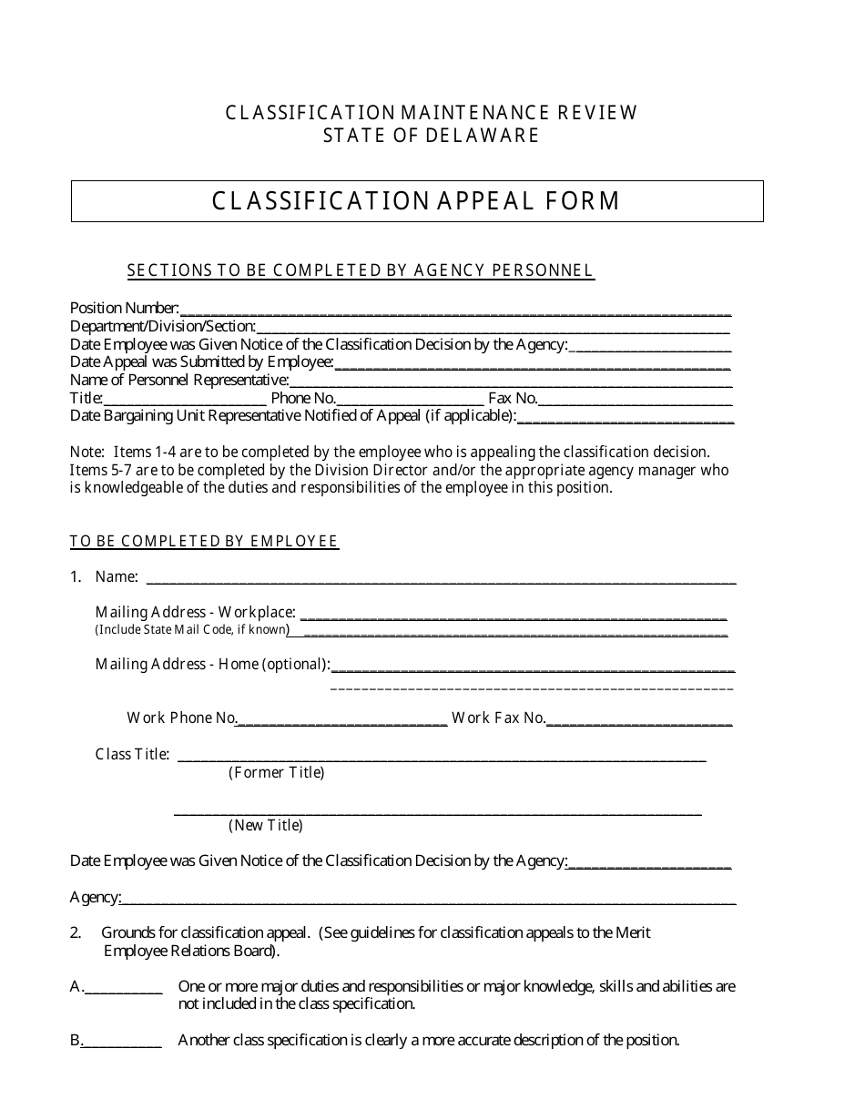 Maintenance Review Classification Appeal Form - Delaware, Page 1