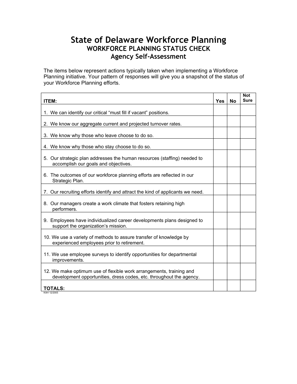 Form KAH Workforce Planning Status Check - Agency Self-assessment - Delaware, Page 1