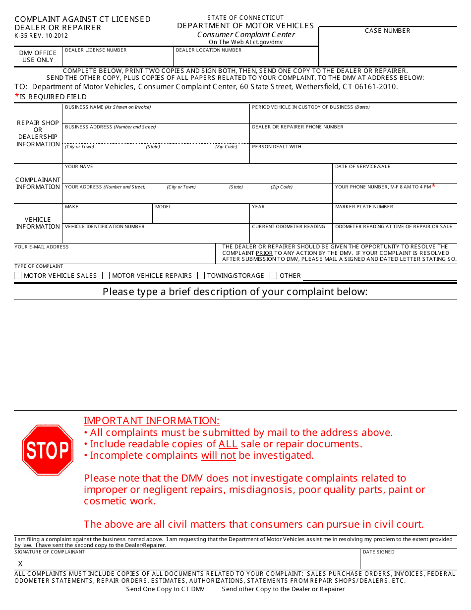 Form K-35 Complaint Against Ct Licensed Dealer or Repairer - Connecticut, Page 1