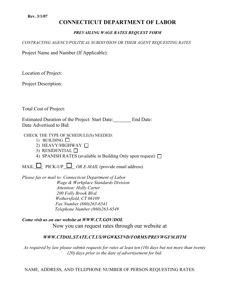 Prevailing Wage Rates Request Form - Connecticut, Page 1