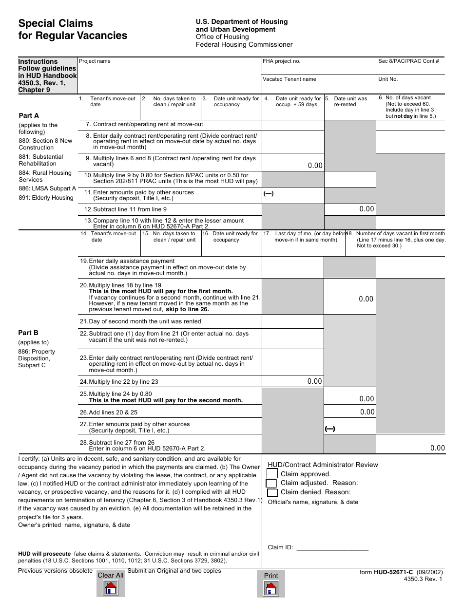 Form HUD-52671-C Special Claims for Regular Vacancies, Page 1