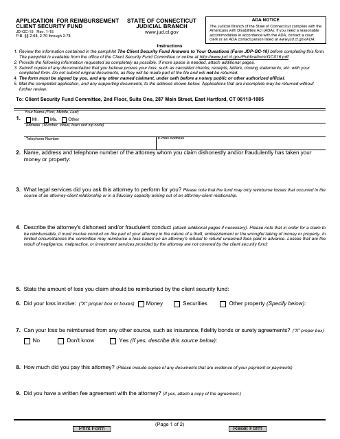 Form JD-GC-15 Application for Reimbursement - Client Security Fund - Connecticut