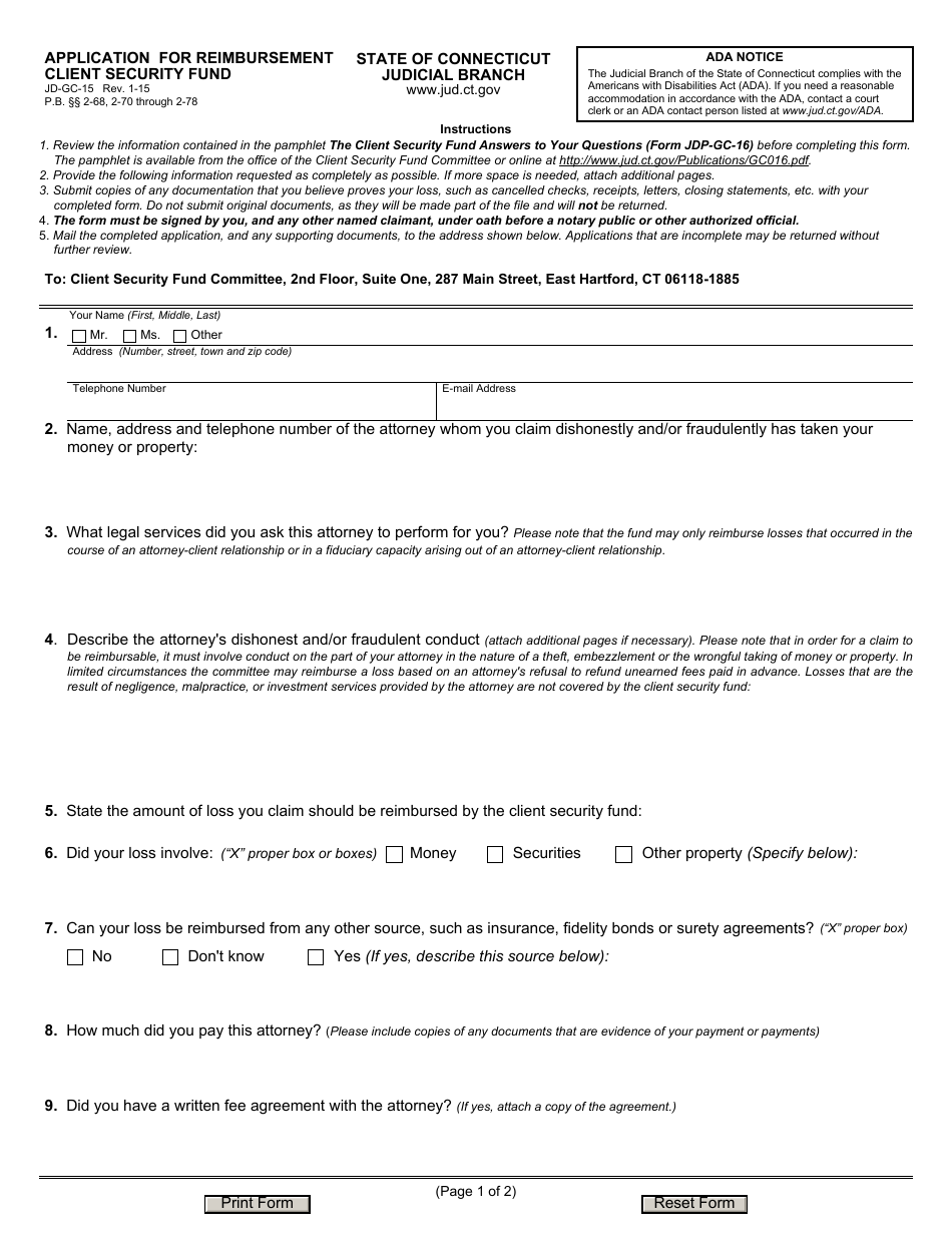 Form JD-GC-15 Application for Reimbursement - Client Security Fund - Connecticut, Page 1