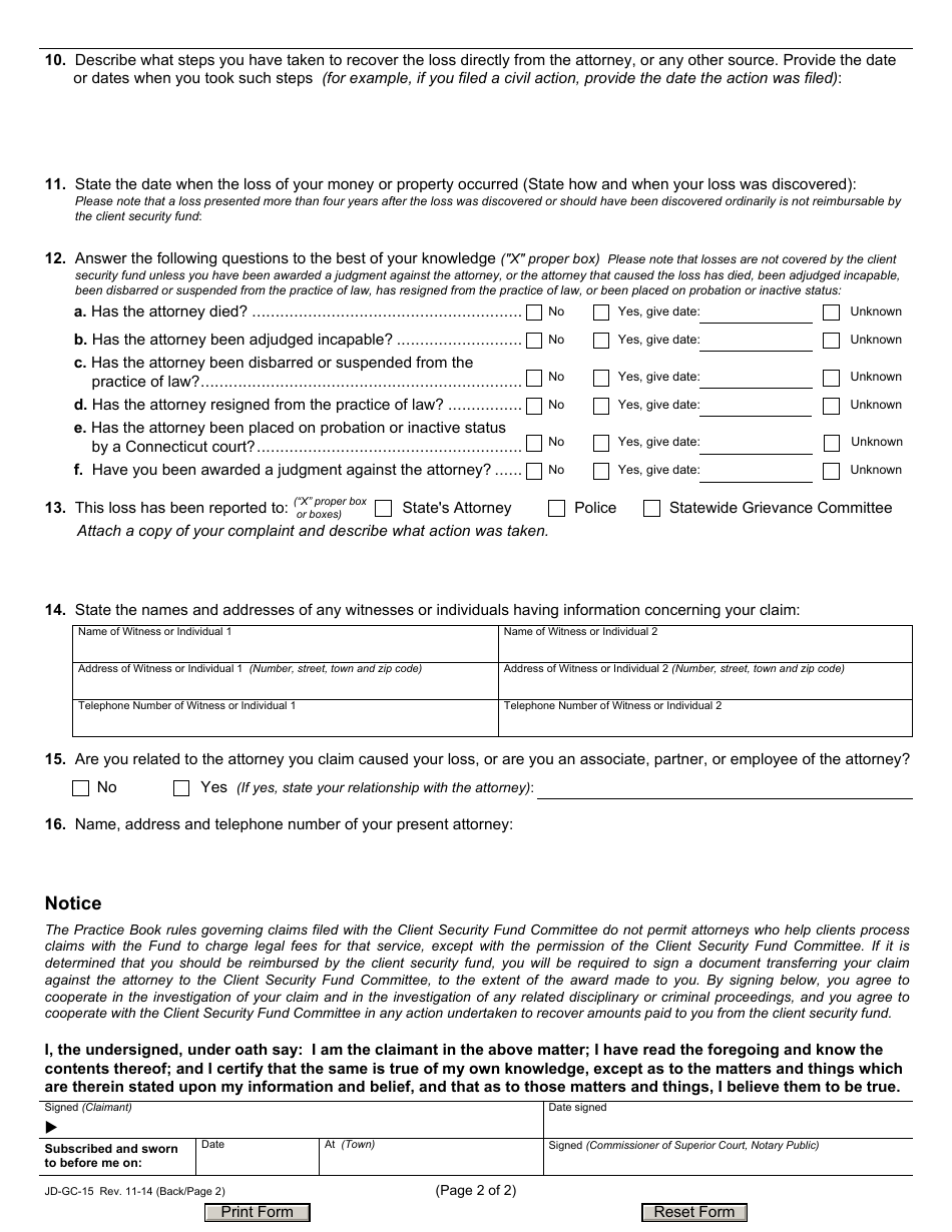 Form JD-GC-15 Application for Reimbursement - Client Security Fund - Connecticut, Page 2