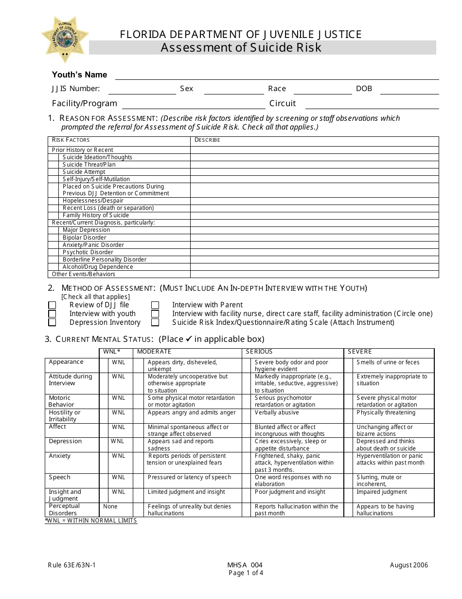 DJJ Form MHSA004 Assessment of Suicide Risk - Florida, Page 1