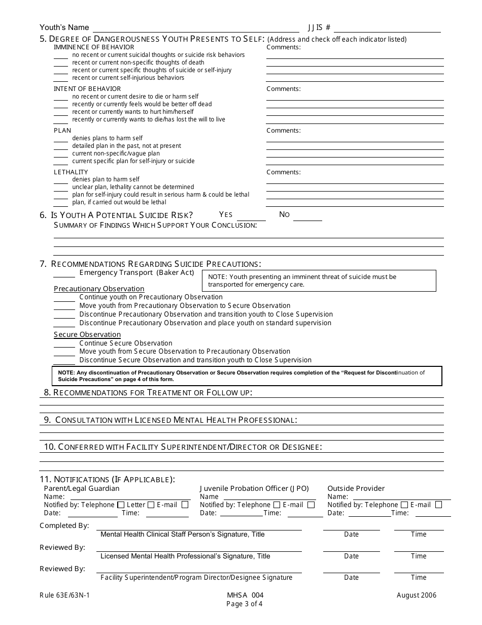 DJJ Form MHSA004 Assessment of Suicide Risk - Florida, Page 3