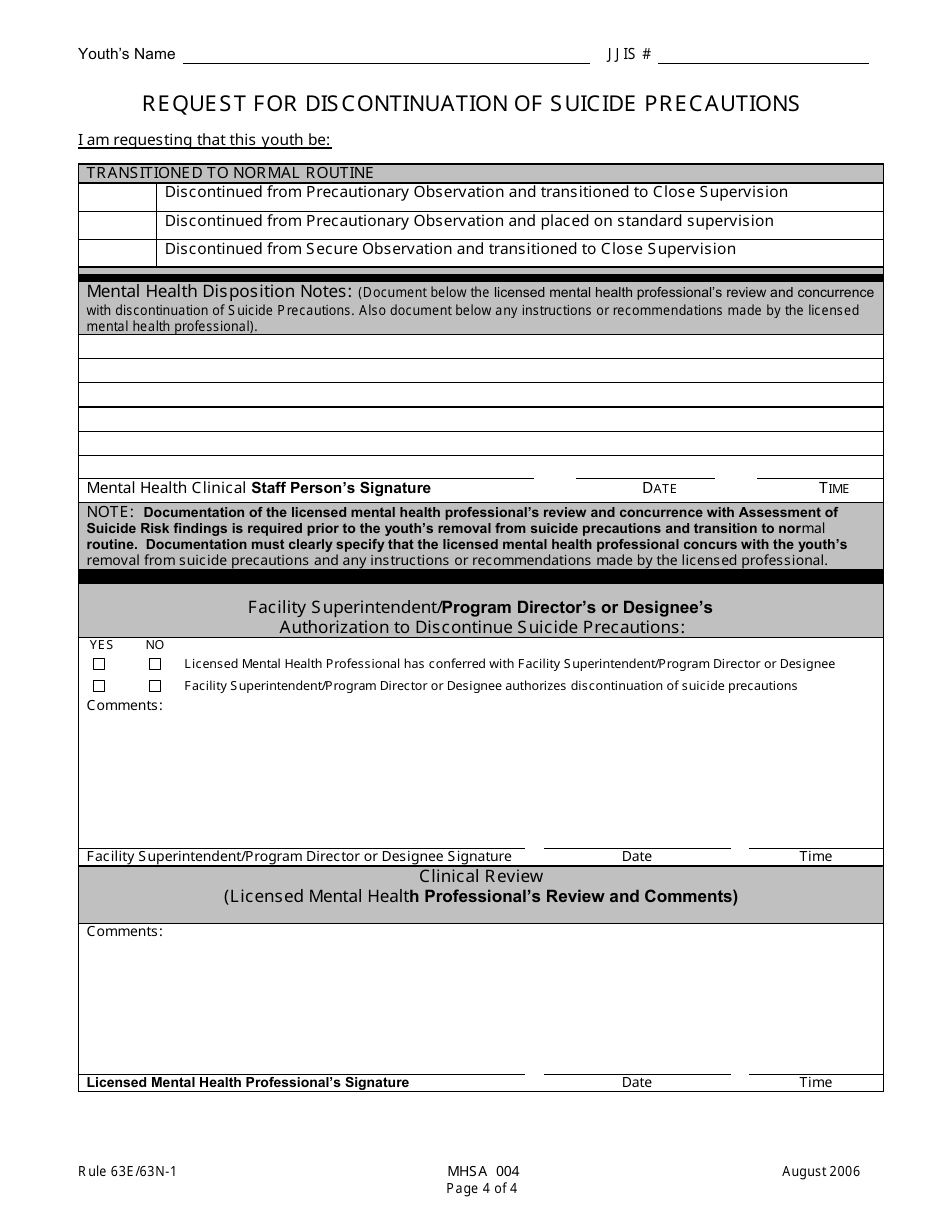 DJJ Form MHSA004 Assessment of Suicide Risk - Florida, Page 4