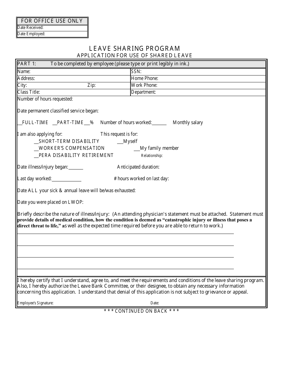 Application for Use of Shared Leave - Leave Sharing Program - Colorado, Page 1